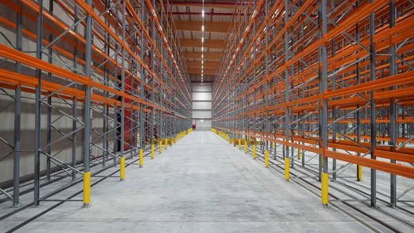 Armazém Logístico Com Racks Altos Vazios — Fotografia de Stock