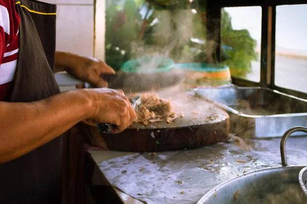 Socumentary Photography Adult Male Taquero Cutting Meat Mexican Restaurant Prepare — Stock Photo, Image