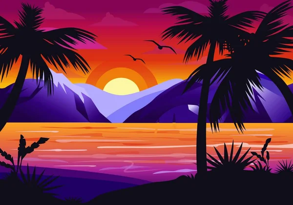 Διανυσματική Απεικόνιση Μιας Παραλίας Στο Ηλιοβασίλεμα — Διανυσματικό Αρχείο