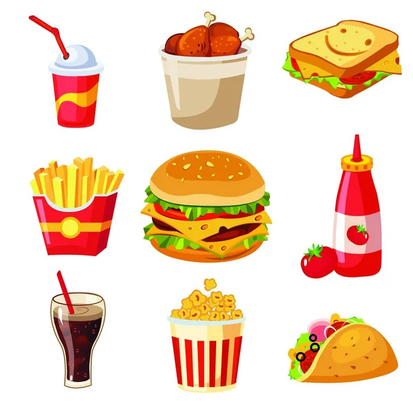 Vektor Illusztrációja Élelmiszer Ital Szimbólum Készlet Gyors Étkezési Junk Stock — Stock Vector