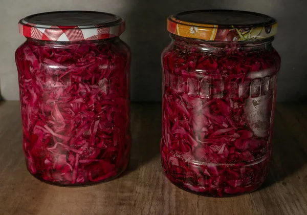 Two Glass Jars Pickled Red Cabbage Salad Canned Winter — Stock Photo, Image