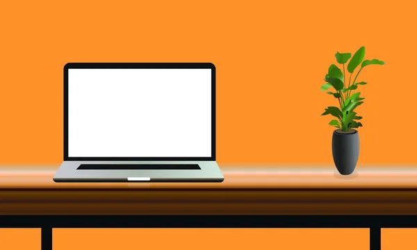木製のテーブルの上にノートパソコンと植物と現代の職場 3Dレンダリング — ストックベクタ