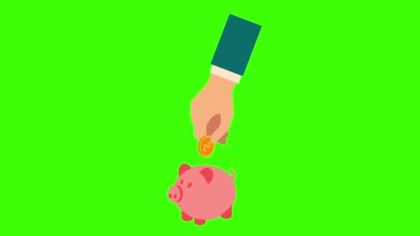 Bright Cartoon Animation Hand Putting Coin Piggy Bank — Stock Video