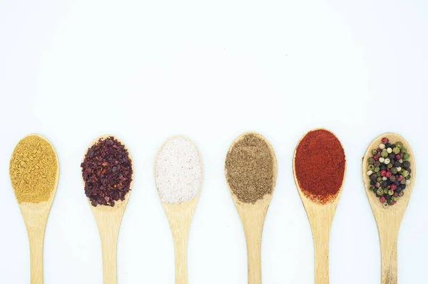 Various Spices Wooden Spoon White Background — 图库照片