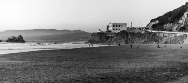 Zwart Wit Foto Van Een Prachtig Strand Met Een Groot — Stockfoto
