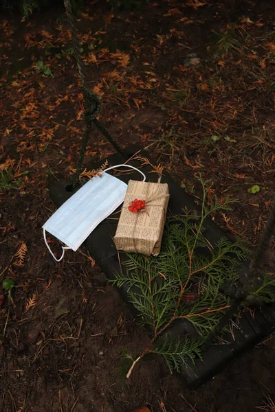 Närbild Skott Ett Träbord Med Grön Blad Och Påse — Stockfoto