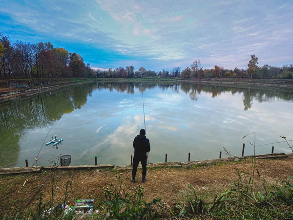 Fishing Fisherman His Son Lake — Stock Photo, Image