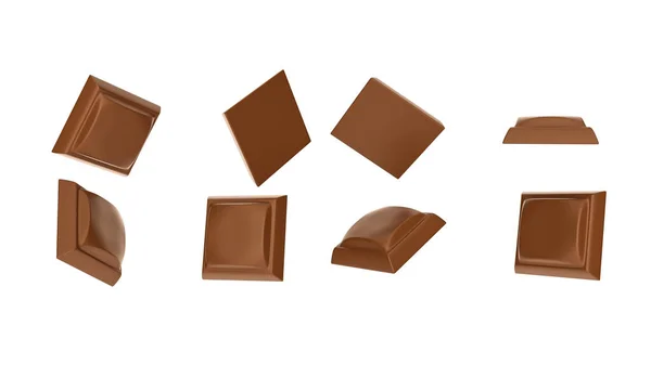 Closeup Cubos Chocolate Caindo Isolado Fundo Branco Ilustração — Fotografia de Stock