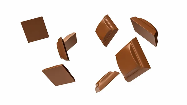 Primer Plano Cubos Chocolate Cayendo Aislado Sobre Fondo Blanco Ilustración — Foto de Stock