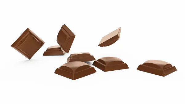 Primer Plano Cubos Chocolate Cayendo Aislado Sobre Fondo Blanco Ilustración — Foto de Stock