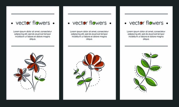 Set Vector Illustrations Cards Flowers Leaves — Stockový vektor