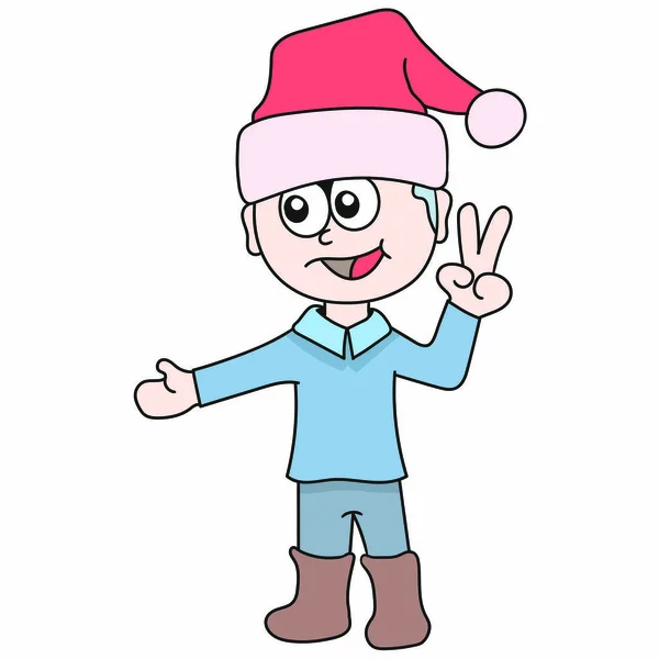 Bonito Cartoon Menino Com Chapéu Natal Cap Vetor Ilustração —  Vetores de Stock