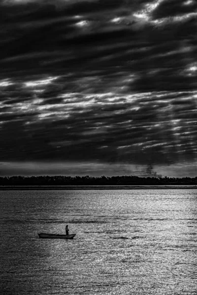 Photo Noir Blanc Beau Coucher Soleil Sur Lac — Photo