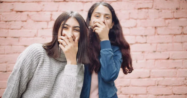 Duas Mulheres Jovens Uma Camiseta Branca Óculos Fundo Parede Tijolo — Fotografia de Stock