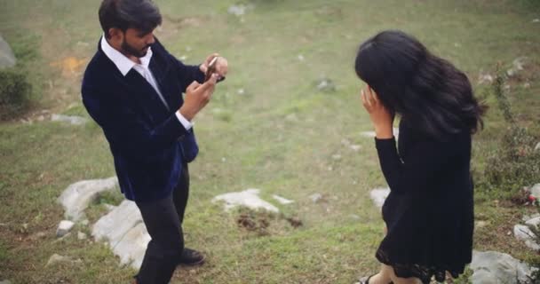 Young Couple Love Spending Time Together Man Making Photo His — ストック動画