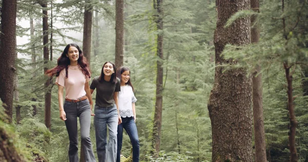 Grupa Młodych Ludzi Spacerujących Lesie — Zdjęcie stockowe
