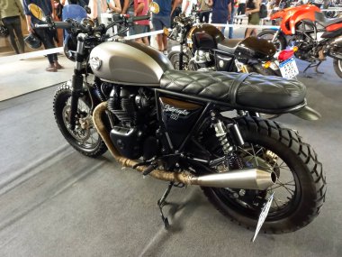 Avellaneda, Argentina - Dec 5, 2021 - shot of a Royal Enfield Interceptor 650 INT650 Indian roadster motorcycle. Expo Wheels 2021 motorbikes show. clipart