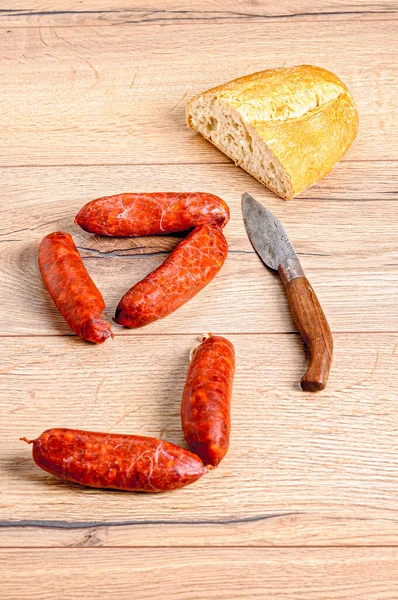 Sausages Wooden Background — Stock Photo, Image