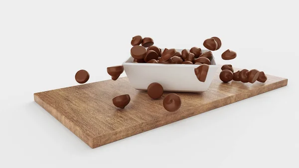 Schokoladensplitter Fallen Auf Weiße Porzellanschüssel Und Hölzerne Tabletttafel Auf Weißem — Stockfoto