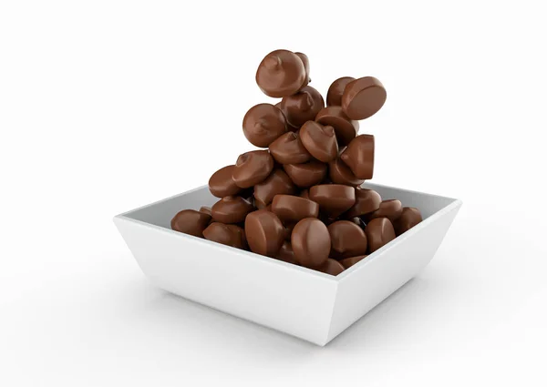 Chips Chocolate Estão Caindo Preenchendo Tigela Quadrada Isolada Fundo Branco — Fotografia de Stock