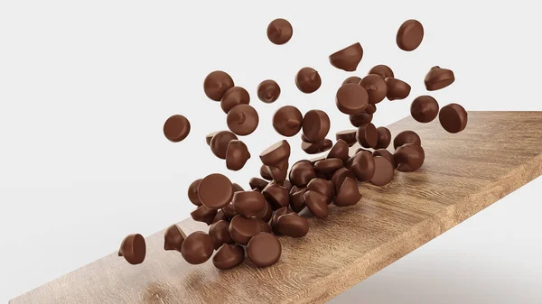 Chocolate Chips Falling Sliding Wooden Tray Board — Stockfoto