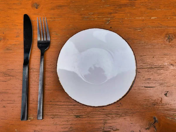 Empty Plate Fork Wooden Table — Stock Photo, Image