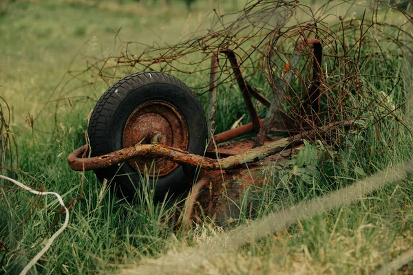 Παλιό Σκουριασμένο Τροχό Του Αυτοκινήτου Στο Δάσος — Φωτογραφία Αρχείου