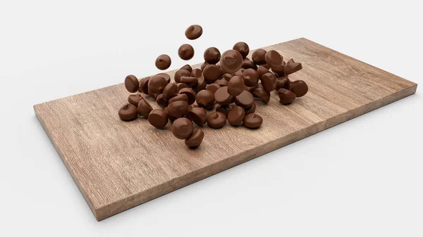 Chocolate Chips Falling Wooden Tray Board White Background — Zdjęcie stockowe