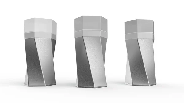 Render Three Metal Twisted Hexagon Jars Isolated White Background — Stockfoto