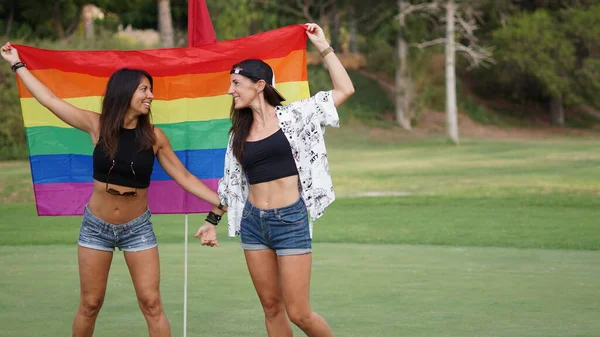 Young Beautiful Female Couple Lgbt Flag — Foto Stock