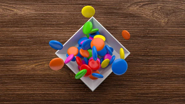 Colorful Candies Rainbow Colors Falling White Porcelain Bowl Wooden Board — Fotografie, imagine de stoc