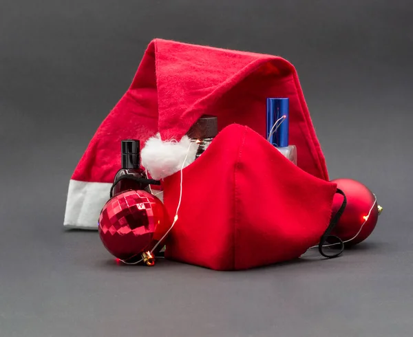 Sac Noël Avec Chapeau Santa Claus Chapeau Rouge Sur Fond — Photo