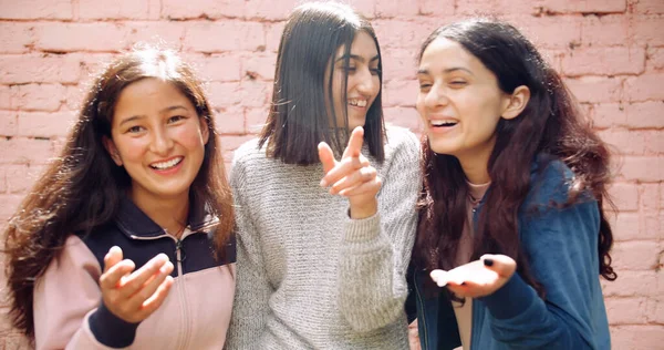 Female Friends Posing Camera Front Brick Wall — Stock Photo, Image