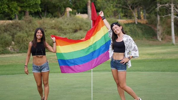 Young Beautiful Female Couple Lgbt Flag — Fotografia de Stock