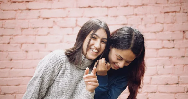 Female Friends Posing Camera Front Brick Wall — стоковое фото