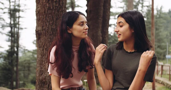 Two Young Women Friends Having Fun Together Forest — Fotografia de Stock