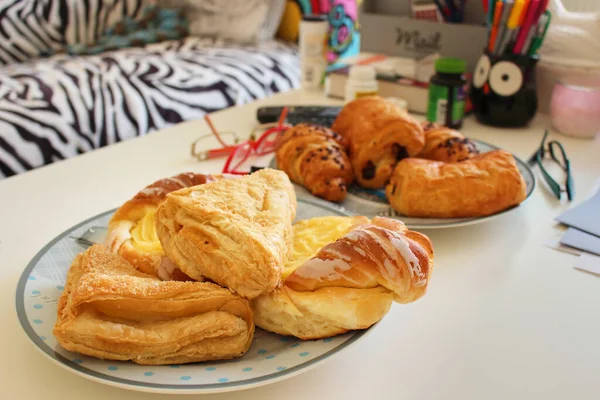 Close Two Plates Delicious Cookies Turnovers Croissants Standing White Table — Photo