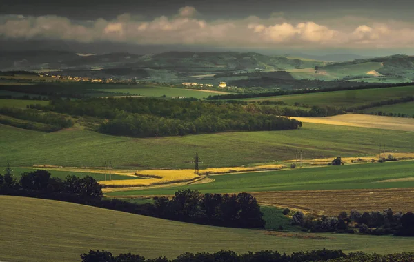 Λοφώδες Τοπίο Πράσινα Και Κίτρινα Χωράφια Συννεφιασμένος Ουρανός Μολδαβία — Φωτογραφία Αρχείου