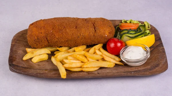 French Fries Potatoes Vegetables Wooden Board — Stock Photo, Image