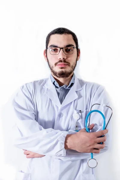 Doctor White Scrubs Posing Arms Crossed Isolated White Background Copy — Stock Photo, Image