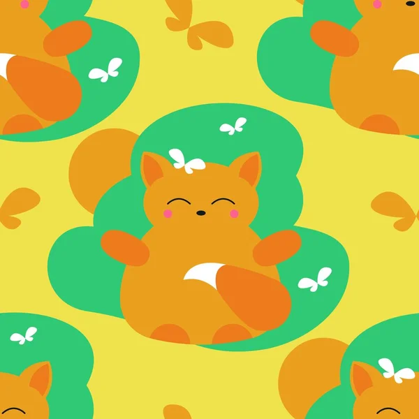 Cute Cartoon Cat Leaves Seamless Pattern — Stock Vector