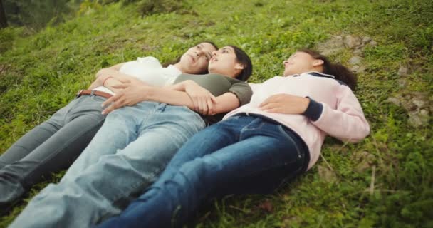 Group Female Friends Hiking Forest Lying Meadow — 비디오