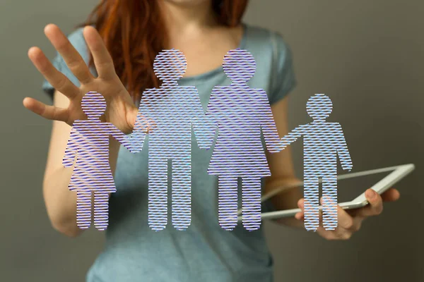 Abstract Shot Female Hands Displaying Rendered Family Icons Child Protection — Foto de Stock