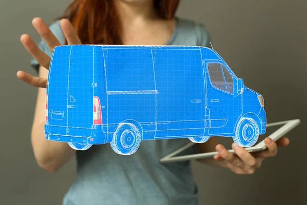 Woman Touching Rendering Hologram Wireframe Van Man Hands — Stockfoto