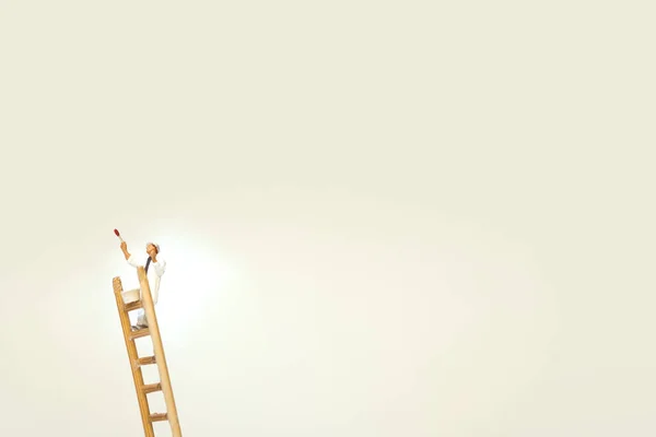 Miniature Painter Figure Brush Paint Bucket Wooden Ladder — Stock Photo, Image