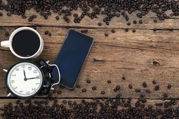 Top View Cup Coffee Watch Smartphone Surrounded Coffee Beans — Stock Fotó