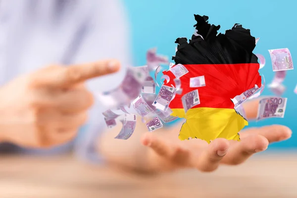 Man Hand Pointing Rendered German Map Euro Banknotes — Stockfoto