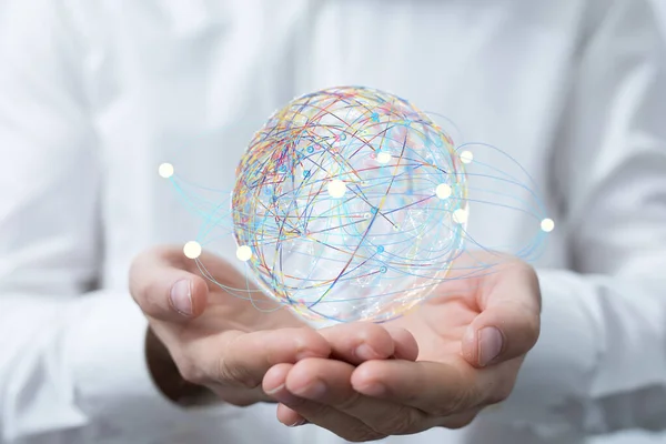 Hand Holding Rendered Digital Globe Data Ball Worldwide Global Network — Stock Fotó