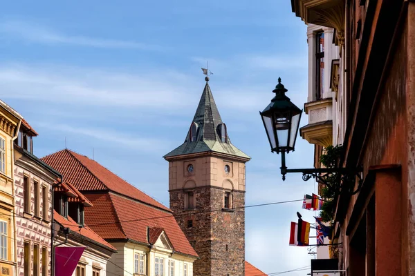 Widok Czarną Wieżę Stara Wieża Ciśnień Pilznie Czechy — Zdjęcie stockowe