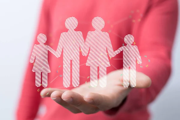 Abstract Shot Female Hands Displaying Rendered Family Icons Children Protection — Fotografia de Stock